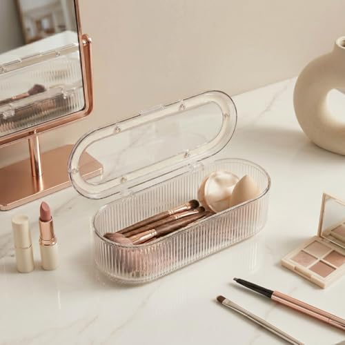 Makeup Brush Holder Organizer Clear Acrylic Makeup Sponges Organizer,Cosmetic Storage Case with Lid Display Case for Vanity (Brush Organizer)