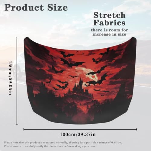 Image of Spooky Castle Halloween Print Car Hood Cover Stretchable Auto Hood Wrap Blankets Waterproof Automotive Halloween Outdoor Decorations for Compact Sedans SUV Trucks Van