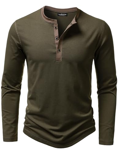 LucMatton Mens Slim Fit Casual Long Sleeve Henley Shirt Army Green L