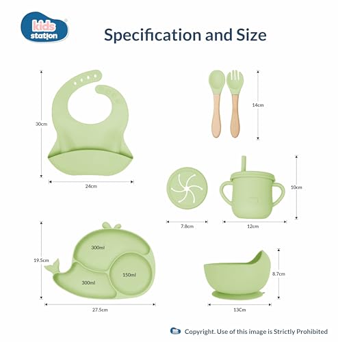 Image of Kids Station Whale Design 8-Piece Silicone Feeding Set for Babies | BPA-Free, Suction Bowl, Plate, Spoon, Fork, Bib, Cup & Straw - Dishwasher Safe | Ideal for Infants & Toddlers (Pack of 8, Green)