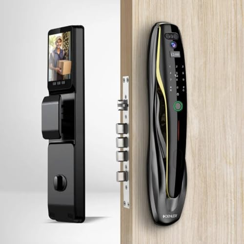 Image of Denler Smart Door Lock with Dual Batteries | 3D Face ID | Fingerprint Door Lock | Anytime Video & Unlock App | LCD Camera | Inbuilt Wi-Fi | Anroid & iPhone Support | RFID Card (Curvy Matt Black)