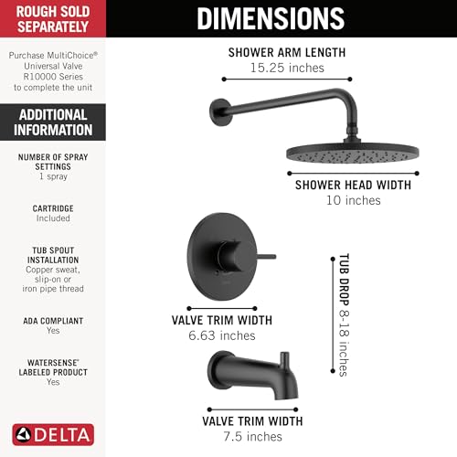 Image of Delta Faucet Modern Raincan Round Single-Function Tub and Shower Trim Kit Black, Tub Faucet Set, Rainfall Shower Head Black, Delta Shower Trim Kit, Matte Black T14469-BL-PP (Valve Not Included)