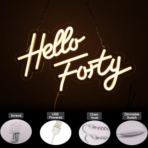 Image of Hello Forty Neon Sign 40th Birthday Decorations for Women Happy Birthday Neon Sign 40th Gifts Wall Decor Happy Birthday Light Up Sign
