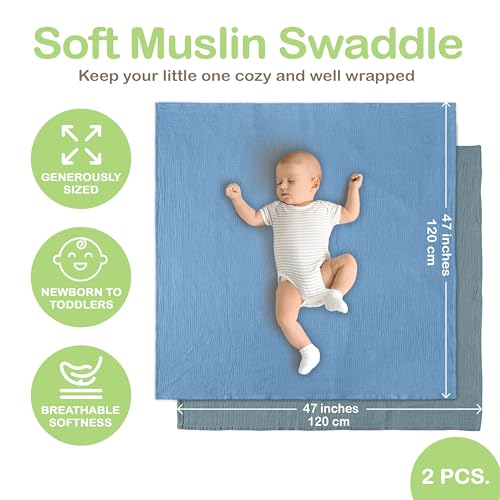 Image of Organic Muslin Baby Blanket 2-Pack Slate & Aquarius, 47x47 Inch, 100% Organic Cotton Oeko-TEX Certified Hypoallergenic Swaddle Blanket for Newborn Boy, Baby Boy Shower Gift