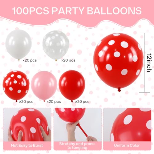 Image of TONIFUL 100 Pack Red Pink White Polka Dot Latex Balloons - Strawberry Theme Mixed Colors Balloon for Birthday Baby Shower Bridal Wedding Bachelorette Party Decorations
