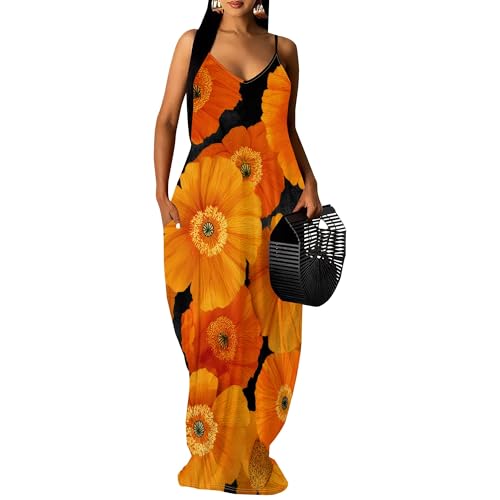 Image of SUZONANA Women's Plus Size Summer Dresses Spaghetti Print Maxi Dresses Long Loose Sundresses