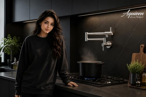 Image of Aquieen Wall Mounted Pot Filler Kitchen Faucet | Premium Brass Construction | Dual Valve Double Joint Swing Arm | 360 Rotating Folding Tap | Leak-Proof Ceramic Cartridge | Chrome
