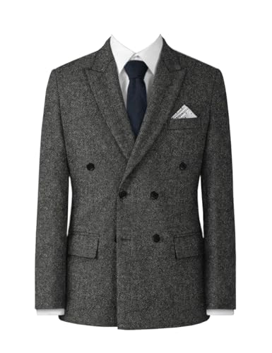 Mens Dark Grey Vintage Tweed Double Breasted Blazer Check Classic Leisure Prom Groom Tuxedo Wedding Suit Jacket Coat