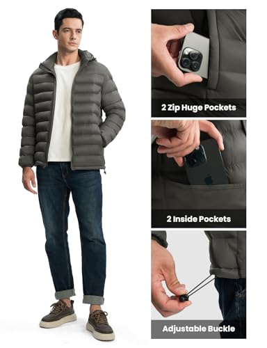 Image of TBMPOY Men's Lightweight Puffer Jackets Detachable Hood Water-Resistant Casual Winter Coat Hooded Insulated for Travel Ski