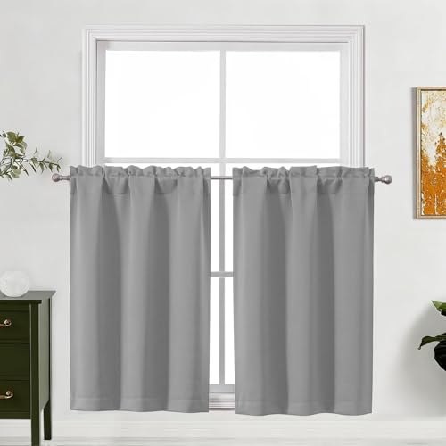 Lecloud Light Grey Kitchen Curtains 36 Inch Length 2 Pcs, Modern Farmhouse Decor Privacy Room Darkening Curtain, Short Window Drapes Rod Pockets for Bedroom Cafe Basement, Each Panel 30" W x 36" L
