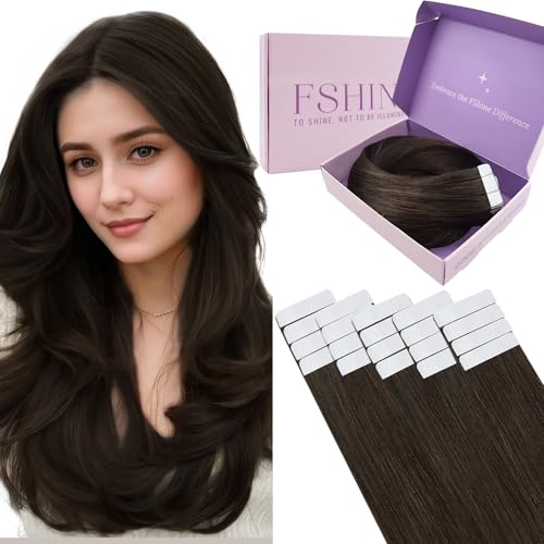 Fshine Brown Tape in Human Hair Extensions 22 Inch Dark Brown Silky Straight Tape Extensions Invisible 20pcs 50g Color 2