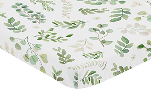 Image of Sweet Jojo Designs Floral Leaf Girl Fitted Mini Crib Sheet Baby Nursery for Portable Crib or Pack and Play - Green and White Boho Watercolor Botanical Woodland Tropical Garden