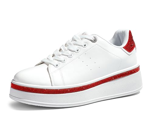 TIMEJOY Women's Sparkly Platform Sneakers Casual Shoes with Glitter Accents & 2-Inch Thick Non-Slip Sole for Streetwear, Everyday Shine(10US White/Red)