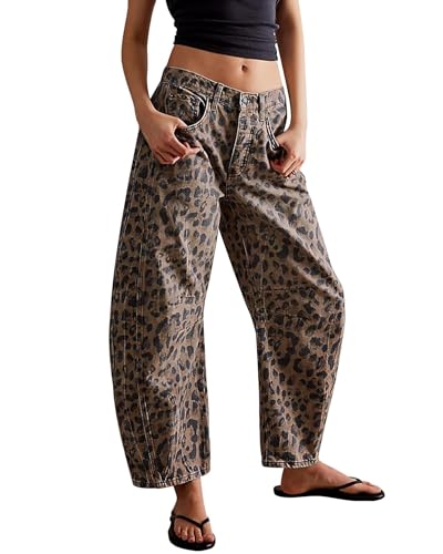 Women's Mid Rise Barrel Jeans Leopard Printed Baggy Wide Leg Cropped Jeans Casual Denim Ankle Pants Boyfriend Jeans