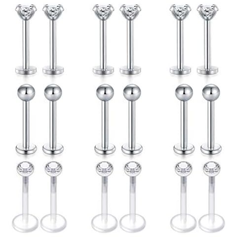 Rajnard PiercingLabio Labret Studs 16G Acero quirúrgico y plástico Bioflex 10mm Piercing Tragus Helix CZ Bola plata Cover
