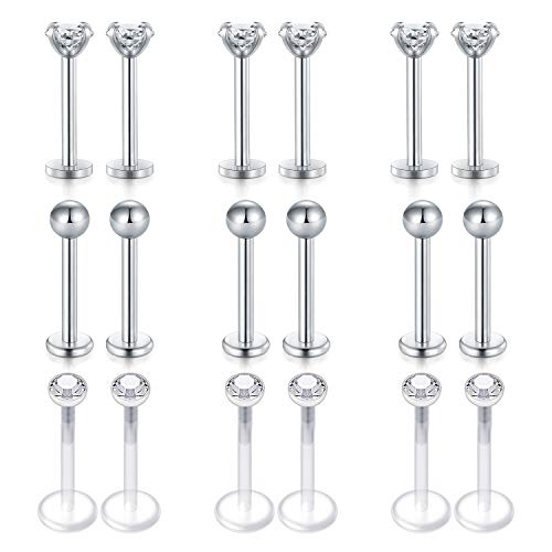 Rajnard PiercingLabio Labret Studs 16G Acero quirúrgico y plástico Bioflex 10mm Piercing Tragus Helix CZ Bola plata Cover