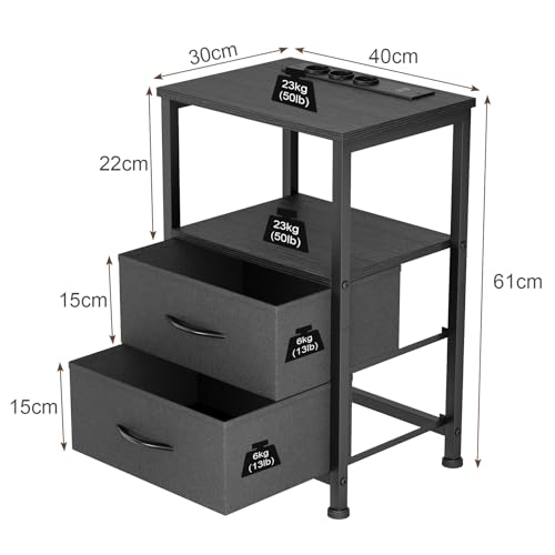 Yornoli Nachttisch mit LED & Ladefunktion, Beistelltisch mit Schublade, Nachttische mit 3 AC-Anschlüsse & 2 USB-Anschlüssen, Beistelltische fürs Wohnzimmer, Schlafzimmer, Schwarz