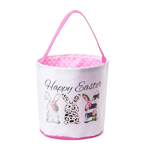 Image of Easter Basket, Personalized Candy Egg Basket Rabbit Print Buckets with Fluffy Tail Gifts Bags for Egg Hunts Easter Eggs gifts (Pink Style 3)
