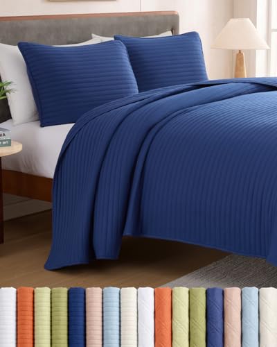 Quilt Set King Size - Boho Bed Set, Striped Stitch - Navy Blue, 106" x 96"