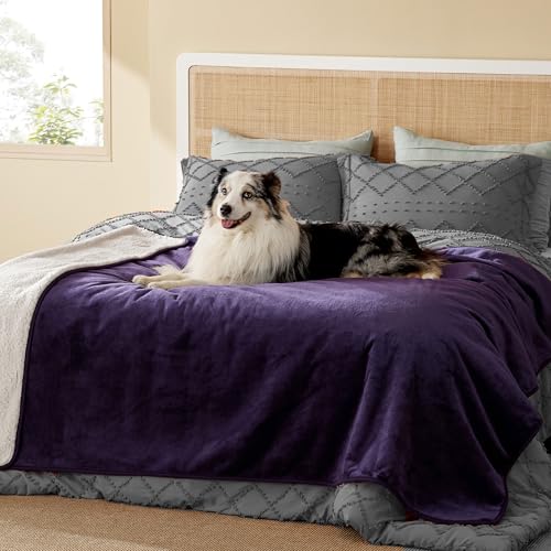 Image of Bedsure Waterproof Blanket for Bed - Sherpa Fleece Waterproof Dog Blankets for Large Dogs, Pet Blankets for Bed /Couch /Dog Crate, Soft Plush Reversible Furniture Protector, Twin, 80 inchx60 inch, Eggplant