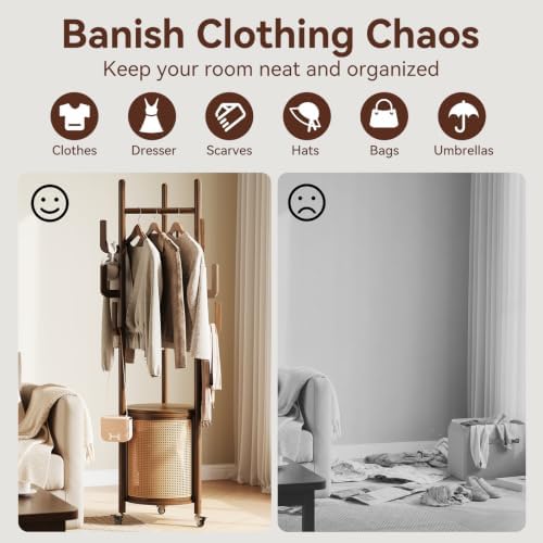Yoobure Solid Wood Coat Rack - Rolling Clothes Rack with Rattan Basket - 5