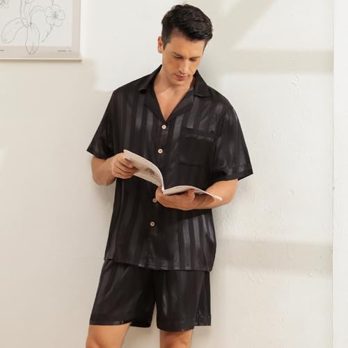 Men's Silk Satin Pajama Sets,Striped Print Short Sleeves Sleepwear,Coconut Buttons Pj Sets With Top Pocket For Mens4