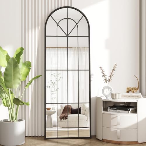 Image of Dewfig Arched Windowpane Floor Mirror, 65 inchx 22 inch Full Length Mirror, Black