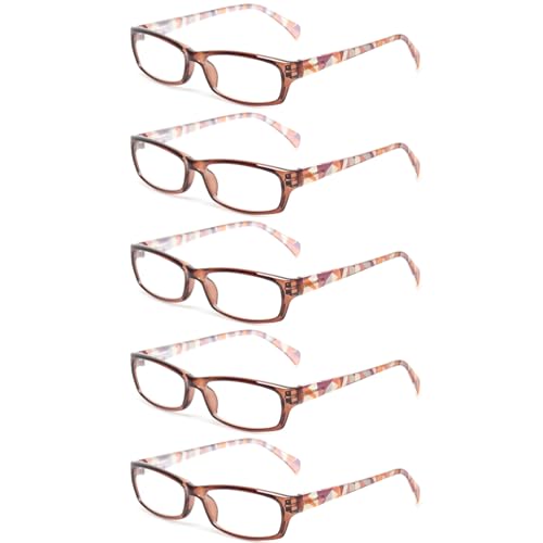 Kerecsen Reading Glasses 5 Pairs Fashion Ladies Readers Spring Hinge with Pattern Print Eyeglasses for Women (5 Brown, 2.75, x)