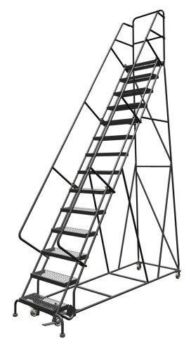 Image of Tri-Arc KDSR114242 14-Step Steel Rolling Industrial and Warehouse Ladder with Handrails and 24 inch Wide Grip-Strut Tread