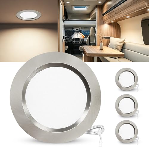 Laiebri Lot de 3 Spot LED Encastrable 12V, 4000K Blanc Neutre 3.5W 330LM Alu Spots de Plafond Intensité Variable, LED Encastrable Plafond Trou 55-58mm, IP44 Plafonnier Spot pour Camper Meuble, Nickel
