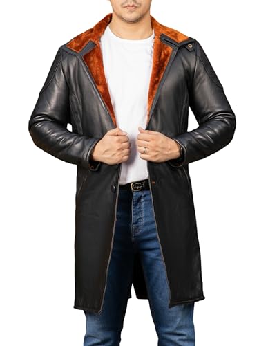 Image of Jild Shearling Leather Trench Coat Men Stand Collar Warm & Stylish Real Lambskin Long Leather Jacket Men Coats Winter