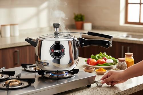 Image of SwagaT Triply Stainless Steel Inner-Lid Pressure Cooker, 5 Litres, ISI Certified, Induction /Gas /Halogen /Ceramic /Electric Compatible