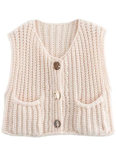 Womens Casual Chunky Knit Vest Gold Button Down Crop Crochet Sleeveless Sweater Vest