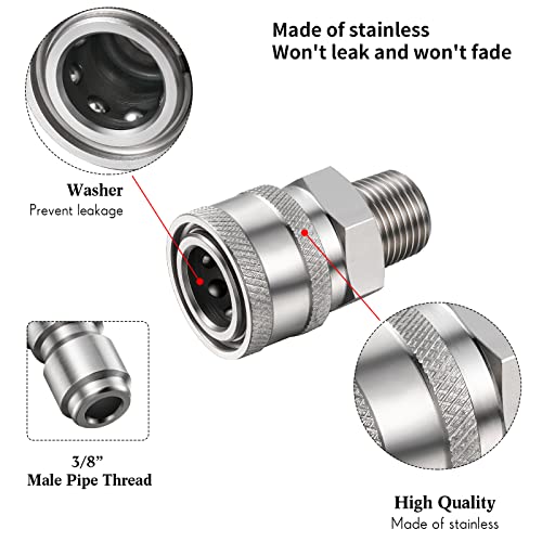 Hotop 4 Sets Npt 3/8 Inch Stainless Steel Male & Female Quick Connector Kit Pressure Washer Adapters Hose Quick Connector(Internal & External Thread) #TOP1