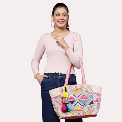 Image of Anekaant Kooky Boho Geometric Embellished Handloom Cotton Jacquard Tote Bag for Women | Handmade Designer Ethnic Bohemian Large Casual Carry Bag