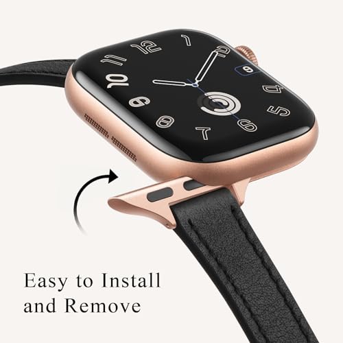 Image of STIROLL Slim Leather Bands Compatible with Apple Watch Band 49mm 46mm 45mm 44mm 42mm(Series 3 2 1), Top Grain Leather Watch Thin Wristband for iWatch Ultra SE Series 11 10 9 8 7 6 5 4(Black Rose Gold)