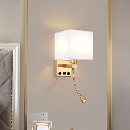 Lámpara de pared E27 interior con puerto USB y aplique retro de hierro blanco