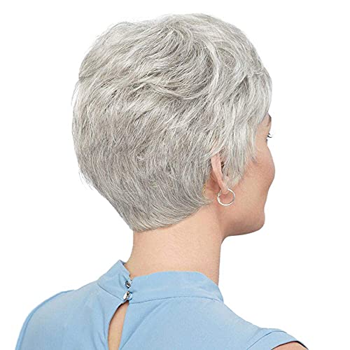 EMMOR Short Silver Grey Human Hair Wigs for Women Blend with Healthy Memory Fiber Pixie Curly Wig With Bang,Natural Daily Use Hair (Color 101#) - Image 2