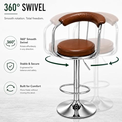 Image of Kemon Modern Adjustable Swivel Bar Stool Chair with Backrest, PU Leather Hydraulic Counter Stool with Footrest for Kitchen Island, Cafe & Home Bar (1, Brown, Round Barrel Stool)