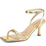 AIUNIIND Women's Sandals Square Open Toe Kitten Heels Strappy Ankle Strap Sandals for Women Comfort Dress Party Shoes Gold 8.5