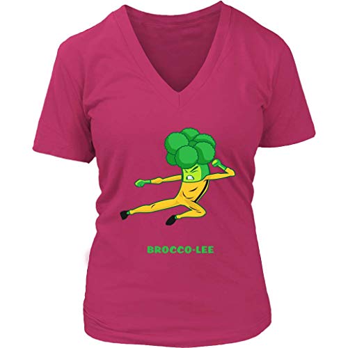 Womens Funny Broccoli Vegetable Pun Bruce Lee Kung Fu Veggie V-Neck T-Shirt Plus