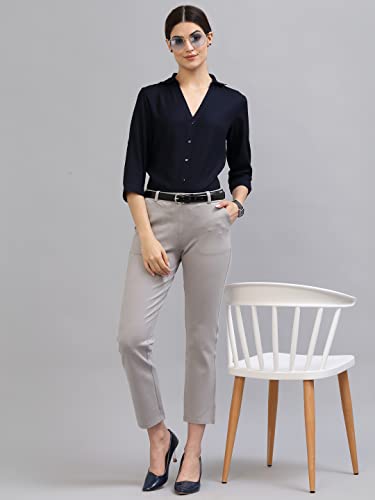 Image of Style Quotient Women Solid Navy Viscose Rayon Semi Formal Shirt