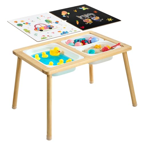 Image of VEVOR Sensory Table for Toddlers, Wooden Kids Activity Table with Reversible Double-Sided Board, Storage Bins, and Non-Slip Feet, for Boys and Girls Playing Sand and Water, Drawing, Studying, Dining