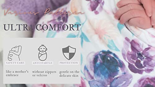 Image of Newborn Floral Print Blanket Baby Stretch Wrap Swaddle Receiving Blanket with Matching Headband and Beanie (Purple Floral)