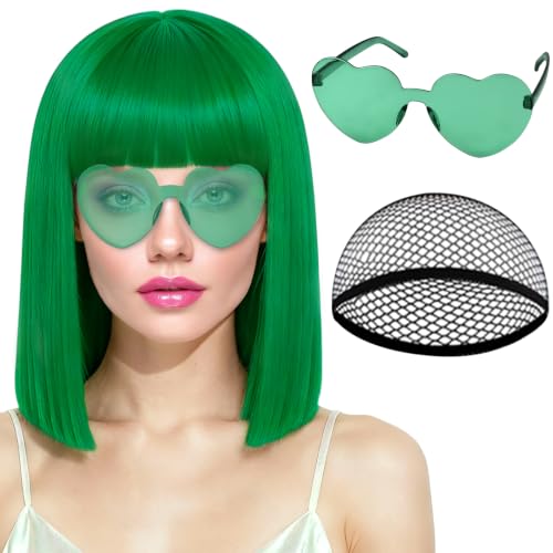 Image of PLULON Green Bob Wig with Bangs, Short Straight Bob Wig with Heart Sunglasses 12 Inch Shoulder Length Heat Resistant Synthetic Hair Cap for Women Natural Look Daily Use Cosplay Halloween Costume Party
