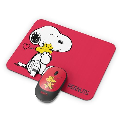 Image of SOAR Peanuts Mouse & Mouse Pad Combo Red- Snoopy and Woodstock Hug