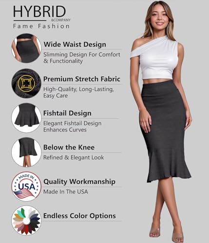 Image of HyBrid & Company Womens Premium Nylon Ponte Stretch Office Fishtail Pencil Skirt High Waist Made in The USA Below Knee