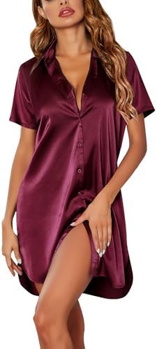 Ekouaer Satin Nightshirt for Women Button Down Nightgown Silk Short Sleeve Sleepshirt Notch Collar Sleepwear S-3XL