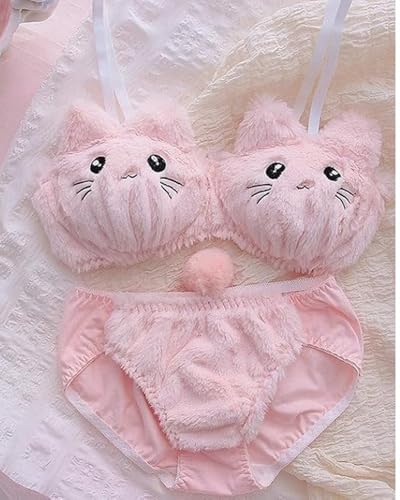 Image of Cute Kawaii Lingerie Set - Plush Kitty Design Adorable Bra and Panty Set in Soft Pink and Cream - Cosplay Lingerie Honeymoon Date Night Couple Valantine Day Gift Sexy Lingerie