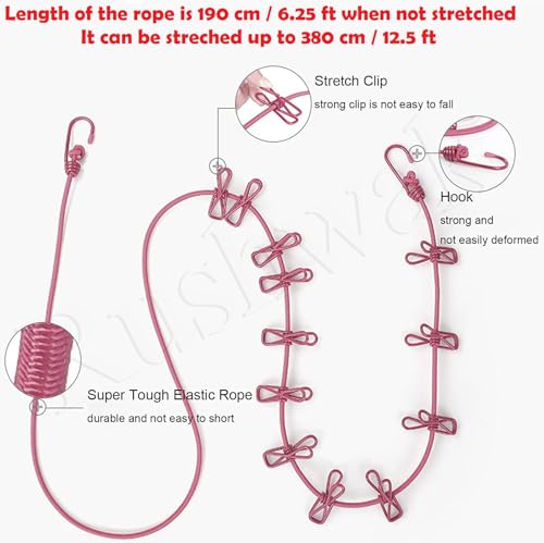 Image of Rushwak Cloth Drying Rope with Hooks (Pack of 3) Elastic Cloth Hanging Rope for Cloth Drying with 12 Clips Cloth Rope for Drying Clothes for Travel Home Outdoor Kapde Sukhane ki Rassi Wire -Multicolor